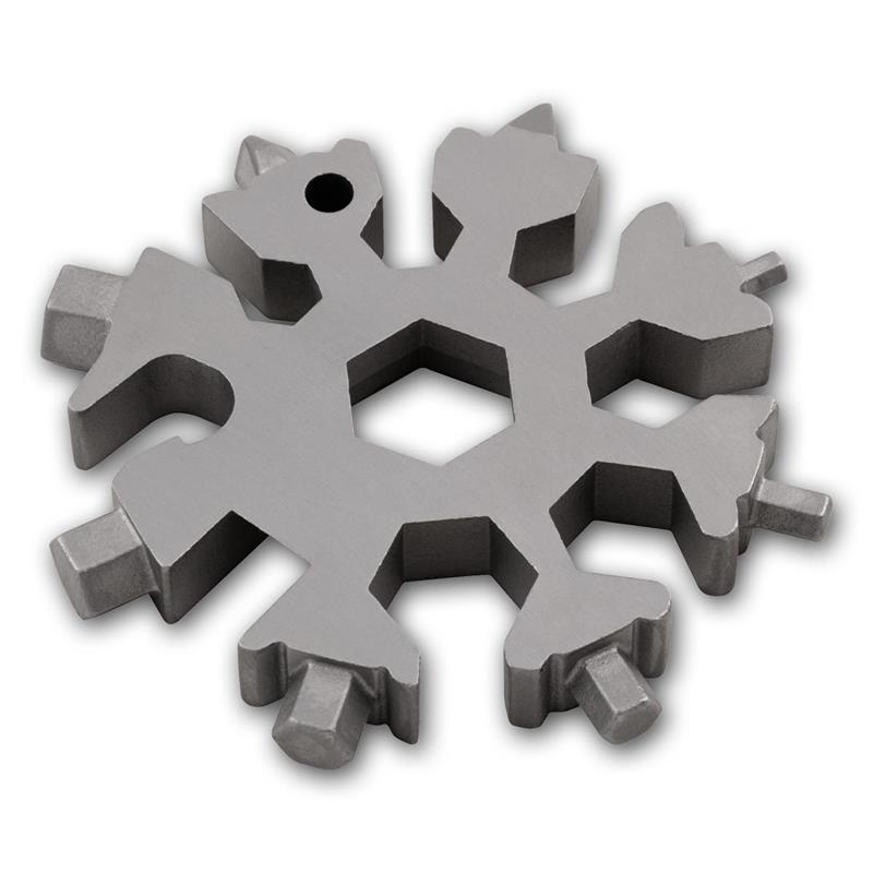 Schneeflocken Multi Tool aus Metall in der Draufsicht mit mehreren Werkzeugfunktionen